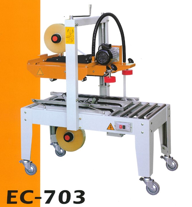 Máy dán thùng carton EverRoll EC-703 sử dụng dây đai trên và dưới để dán băng keo tự động